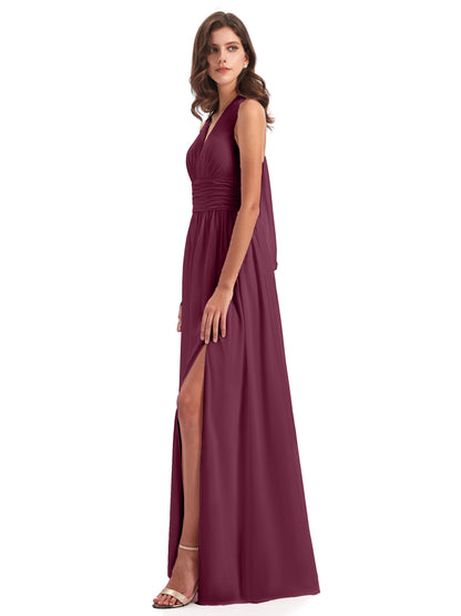 Emily Floor Length V Neck Split Chiffon Bridesmaid Dresses