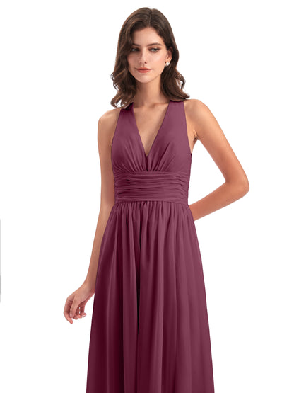 Emily Floor Length V Neck Split Chiffon Bridesmaid Dresses