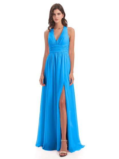 Emily Floor Length V Neck Split Chiffon Bridesmaid Dresses