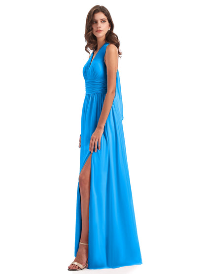 Emily Floor Length V Neck Split Chiffon Bridesmaid Dresses
