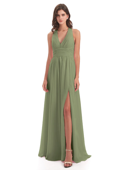 Emily Floor Length V Neck Split Chiffon Bridesmaid Dresses