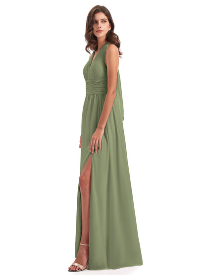 Emily Floor Length V Neck Split Chiffon Bridesmaid Dresses
