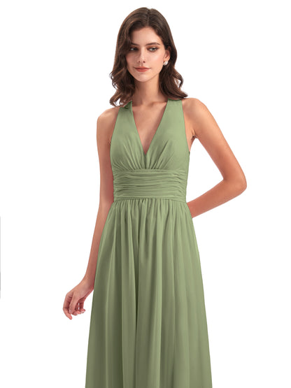 Emily Floor Length V Neck Split Chiffon Bridesmaid Dresses