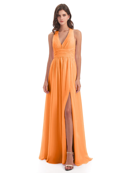 Emily Floor Length V Neck Split Chiffon Bridesmaid Dresses