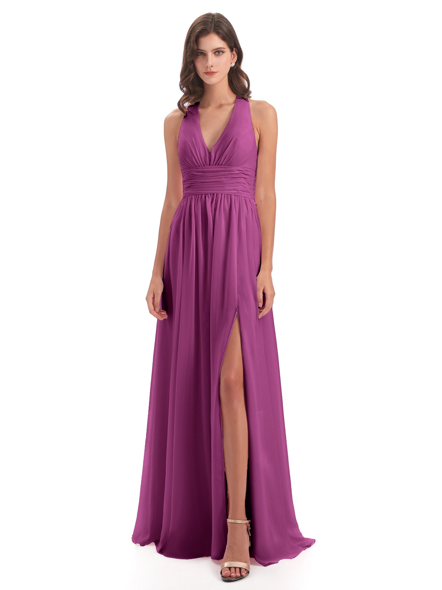 Emily Floor Length V Neck Split Chiffon Bridesmaid Dresses