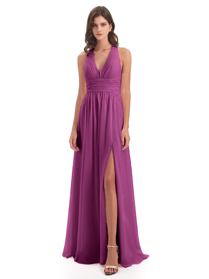 Emily Floor Length V Neck Split Chiffon Bridesmaid Dresses