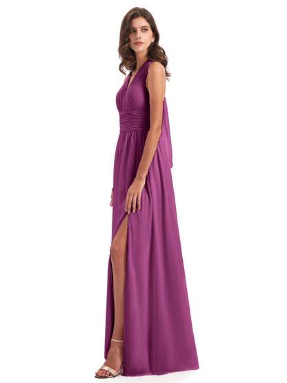 Emily Floor Length V Neck Split Chiffon Bridesmaid Dresses