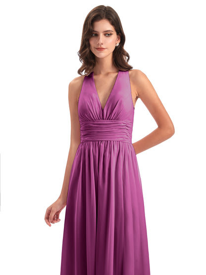 Emily Floor Length V Neck Split Chiffon Bridesmaid Dresses