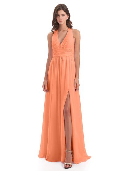 Emily Floor Length V Neck Split Chiffon Bridesmaid Dresses