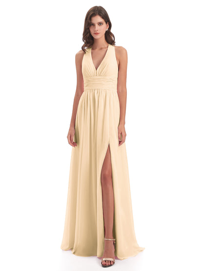 Emily Floor Length V Neck Split Chiffon Bridesmaid Dresses