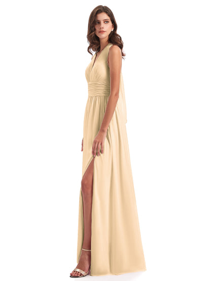 Emily Floor Length V Neck Split Chiffon Bridesmaid Dresses