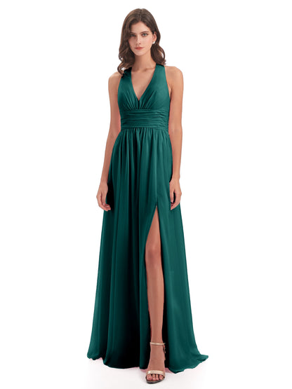 Emily Floor Length V Neck Split Chiffon Bridesmaid Dresses