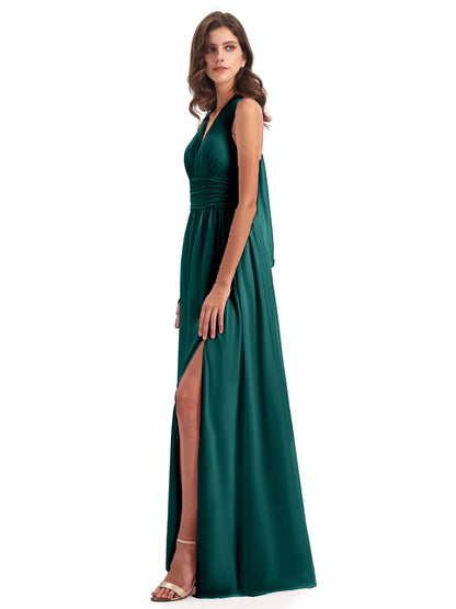 Emily Floor Length V Neck Split Chiffon Bridesmaid Dresses
