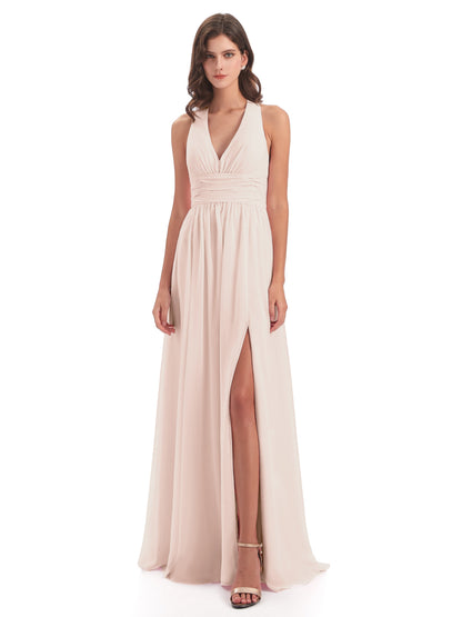 Emily Floor Length V Neck Split Chiffon Bridesmaid Dresses