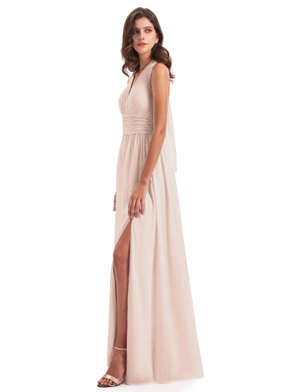 Emily Floor Length V Neck Split Chiffon Bridesmaid Dresses