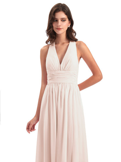 Emily Floor Length V Neck Split Chiffon Bridesmaid Dresses