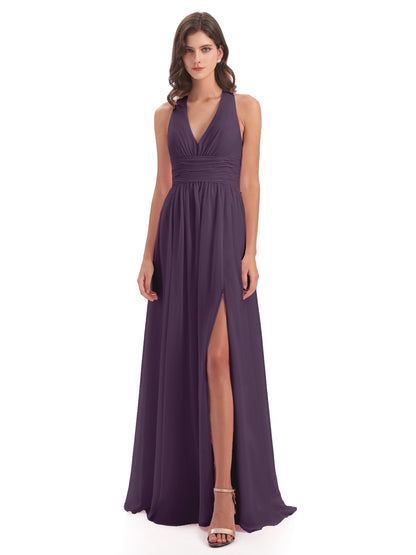 Emily Floor Length V Neck Split Chiffon Bridesmaid Dresses