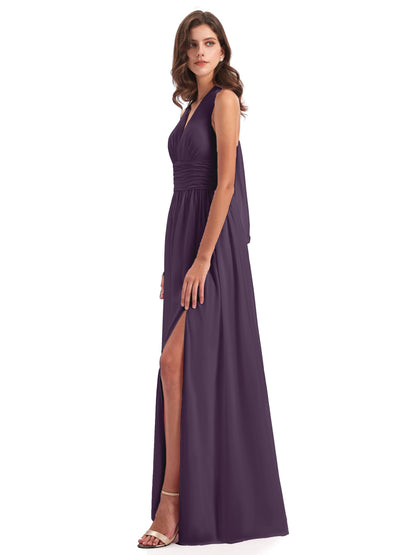 Emily Floor Length V Neck Split Chiffon Bridesmaid Dresses