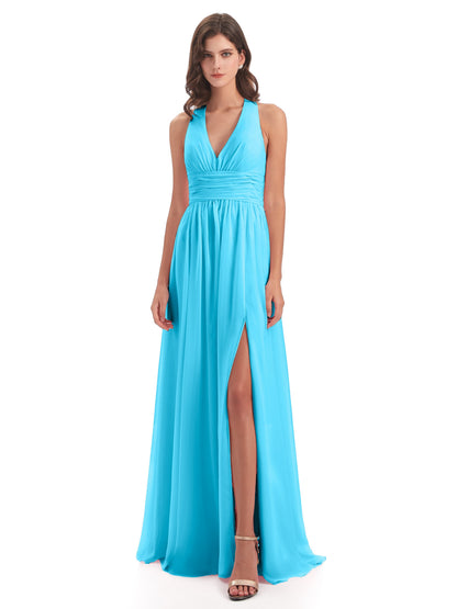 Emily Floor Length V Neck Split Chiffon Bridesmaid Dresses