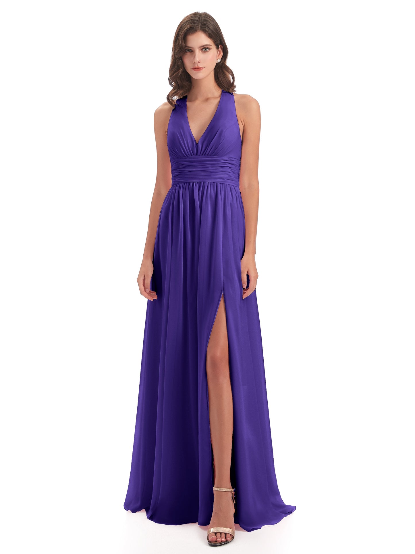 Emily Floor Length V Neck Split Chiffon Bridesmaid Dresses