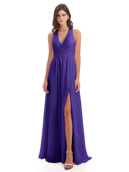 Emily Floor Length V Neck Split Chiffon Bridesmaid Dresses