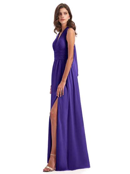 Emily Floor Length V Neck Split Chiffon Bridesmaid Dresses