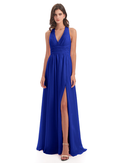 Emily Floor Length V Neck Split Chiffon Bridesmaid Dresses