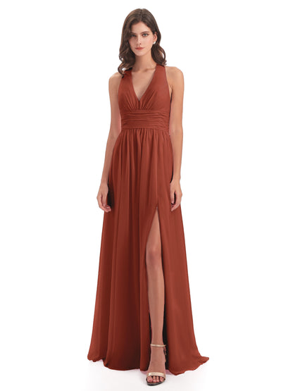 Emily Floor Length V Neck Split Chiffon Bridesmaid Dresses