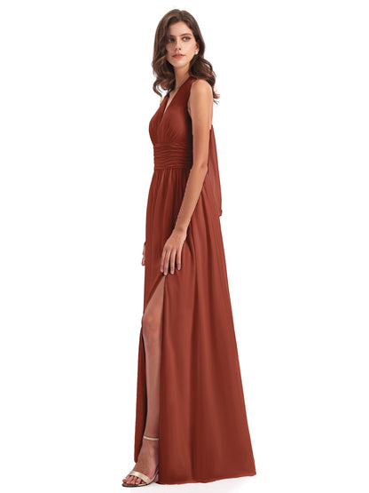 Emily Floor Length V Neck Split Chiffon Bridesmaid Dresses