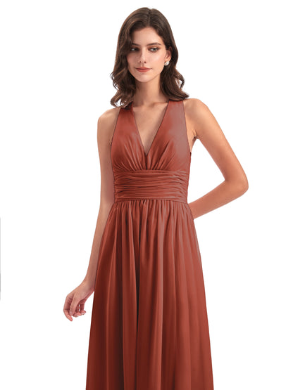 Emily Floor Length V Neck Split Chiffon Bridesmaid Dresses