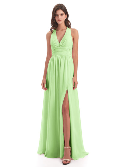 Emily Floor Length V Neck Split Chiffon Bridesmaid Dresses