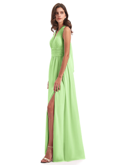 Emily Floor Length V Neck Split Chiffon Bridesmaid Dresses