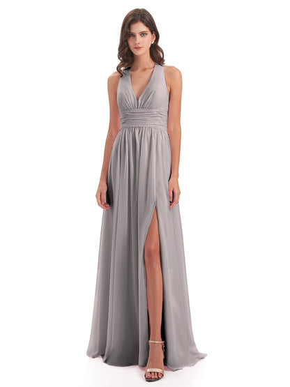 Emily Floor Length V Neck Split Chiffon Bridesmaid Dresses