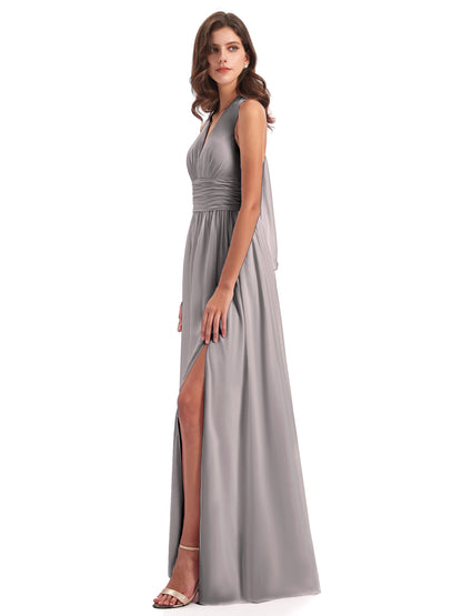 Emily Floor Length V Neck Split Chiffon Bridesmaid Dresses