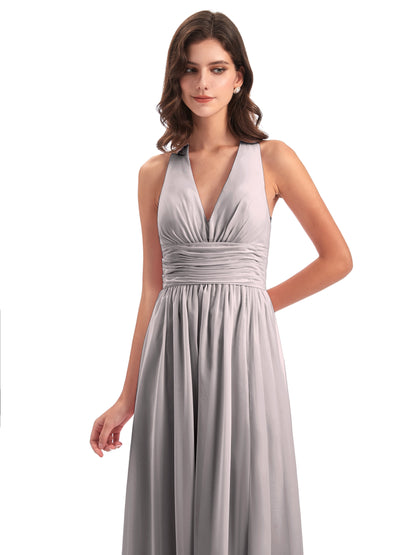 Emily Floor Length V Neck Split Chiffon Bridesmaid Dresses