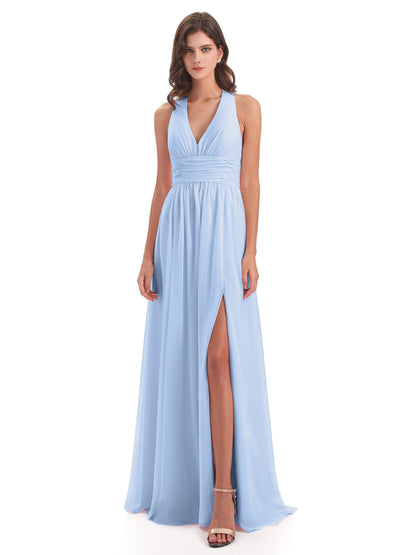 Emily Floor Length V Neck Split Chiffon Bridesmaid Dresses