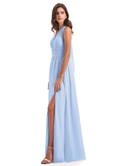 Emily Floor Length V Neck Split Chiffon Bridesmaid Dresses