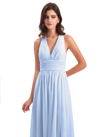 Emily Floor Length V Neck Split Chiffon Bridesmaid Dresses