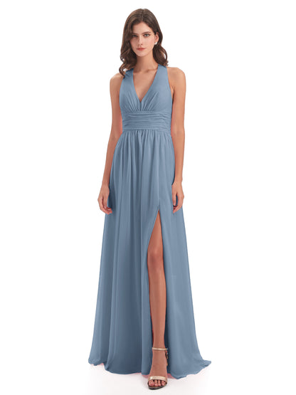 Emily Floor Length V Neck Split Chiffon Bridesmaid Dresses