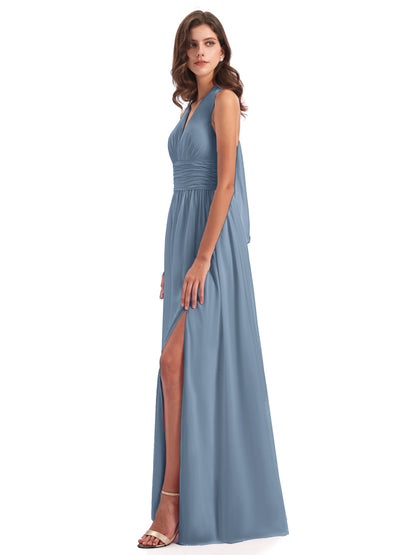 Emily Floor Length V Neck Split Chiffon Bridesmaid Dresses