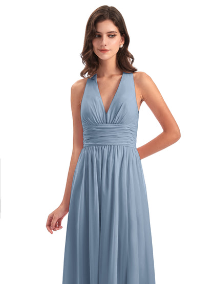 Emily Floor Length V Neck Split Chiffon Bridesmaid Dresses