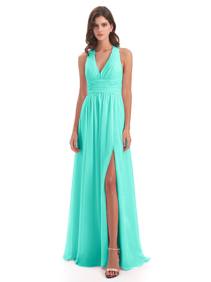 Emily Floor Length V Neck Split Chiffon Bridesmaid Dresses