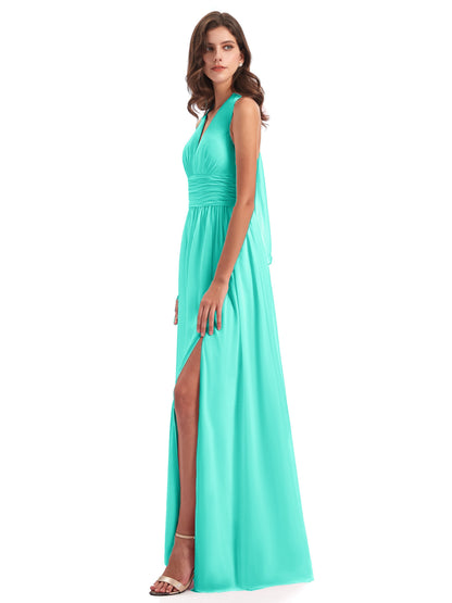Emily Floor Length V Neck Split Chiffon Bridesmaid Dresses