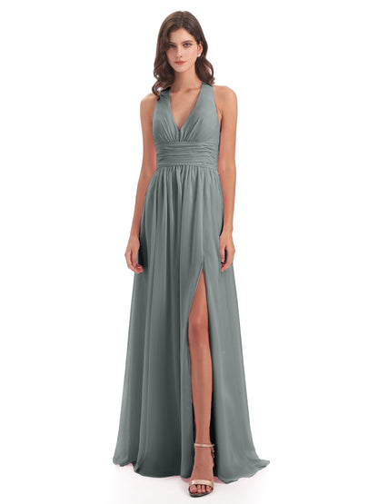 Emily Floor Length V Neck Split Chiffon Bridesmaid Dresses