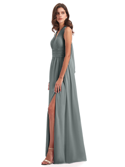 Emily Floor Length V Neck Split Chiffon Bridesmaid Dresses
