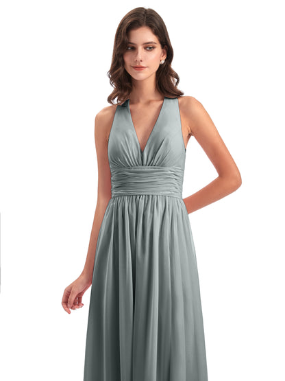 Emily Floor Length V Neck Split Chiffon Bridesmaid Dresses