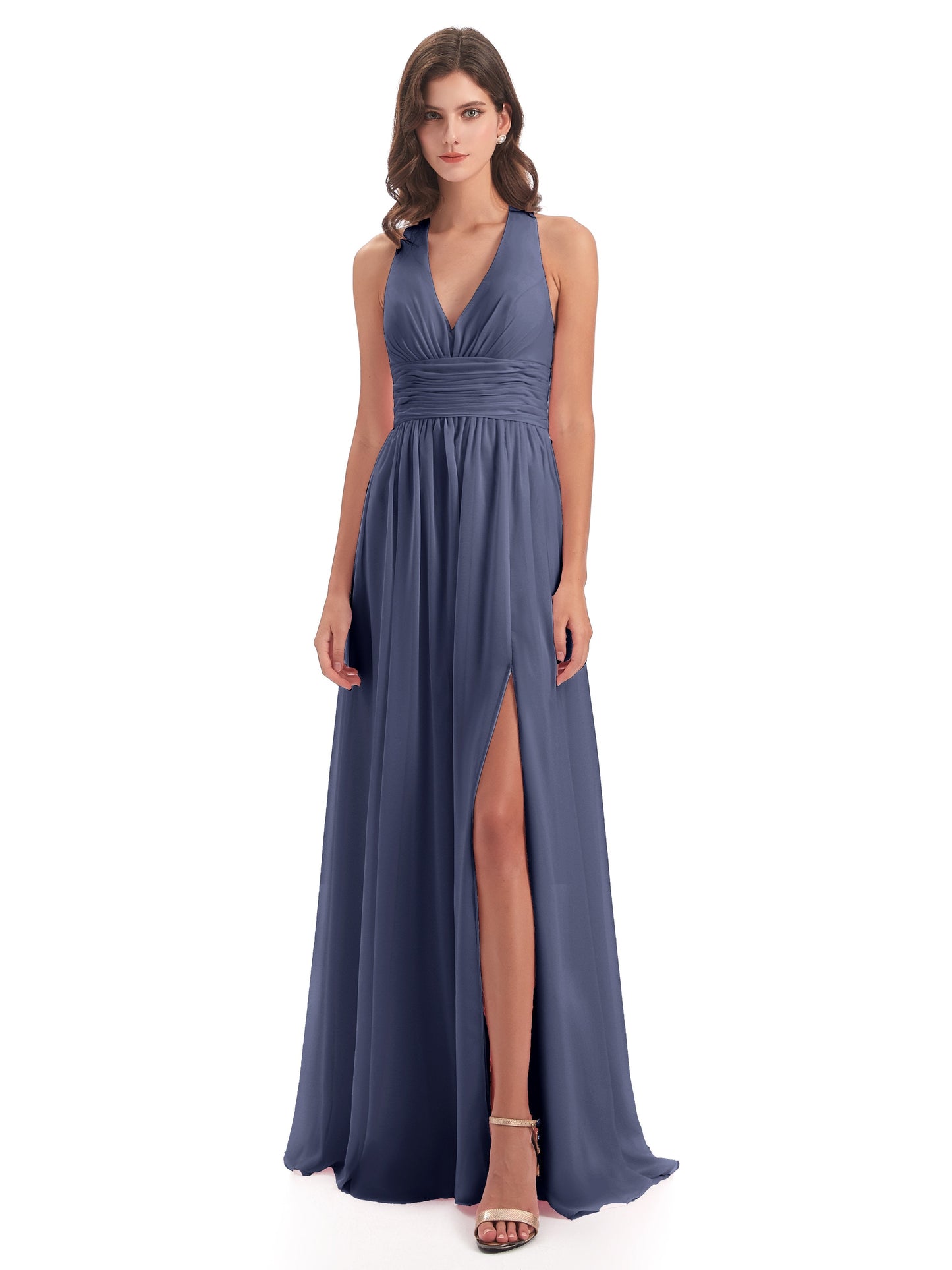 Emily Floor Length V Neck Split Chiffon Bridesmaid Dresses
