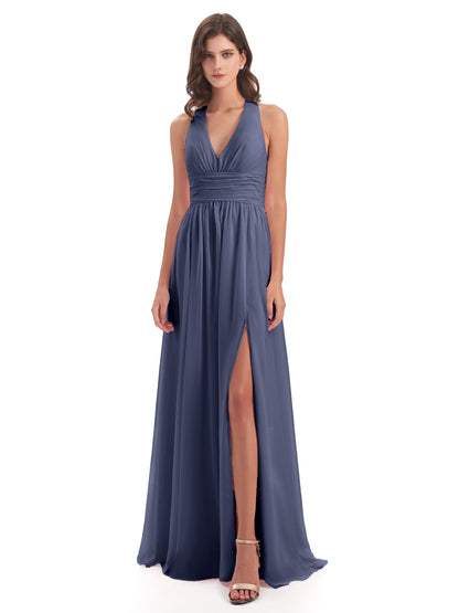 Emily Floor Length V Neck Split Chiffon Bridesmaid Dresses