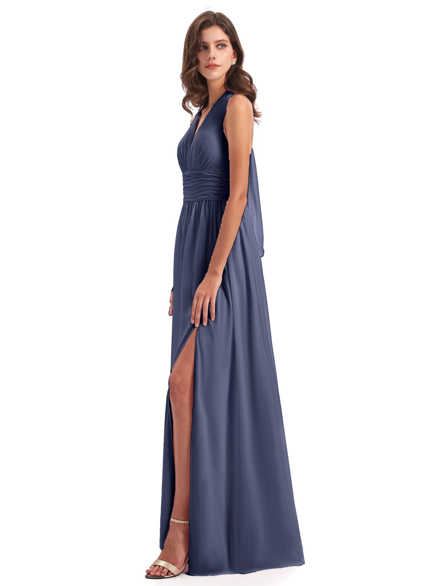 Emily Floor Length V Neck Split Chiffon Bridesmaid Dresses