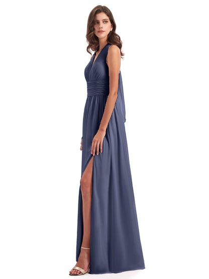 Emily Floor Length V Neck Split Chiffon Bridesmaid Dresses